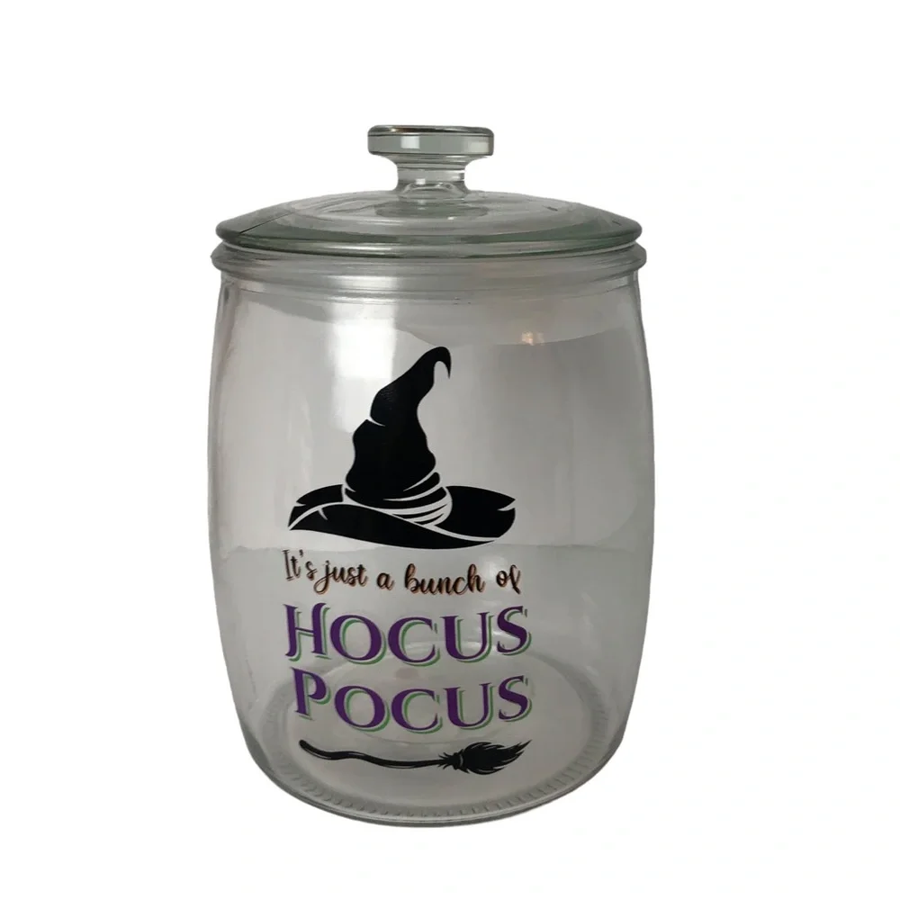 Halloween decor IT’S JUST A BUNCH OF HOCUS POCUS glass canister